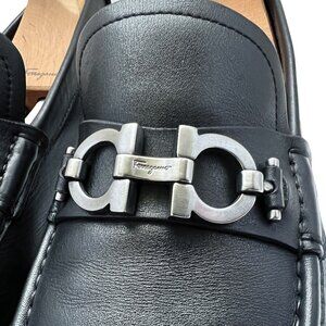 $995 Salvatore Ferragamo Mens MASTER Black Shoes Gancini Silver Bit Loafers 9 D